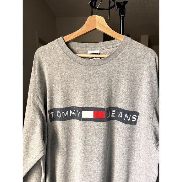 VINTAGE HILFIGER TOMMY JEANS MENS GREY LONG SLEEVE T SHIRT SIZE XL 90S Y2K HYPE - Picture 3 of 5